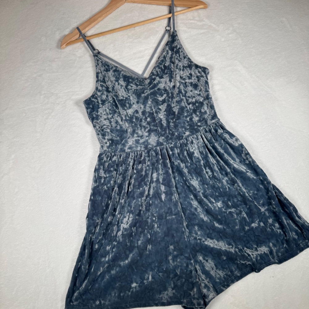 American Eagle Blue Grey Crushed Velvet Romper Cross Back S Y2K Whimsigoth